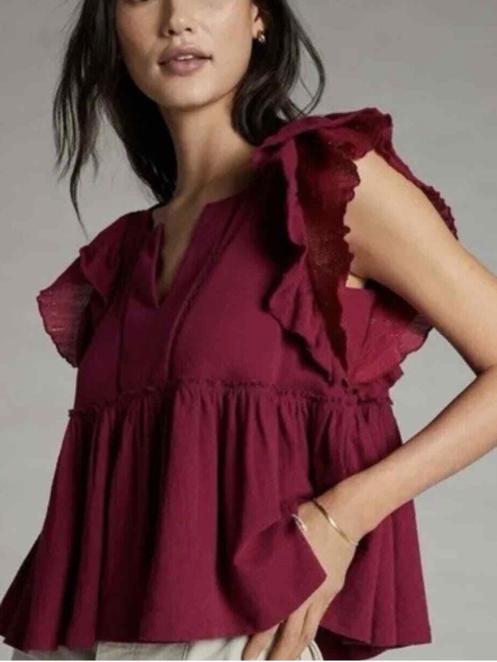 Anthropologie Ruffle Sleeve Babydoll Top Magenta Wine Cotton Linen V-Neck Size M
